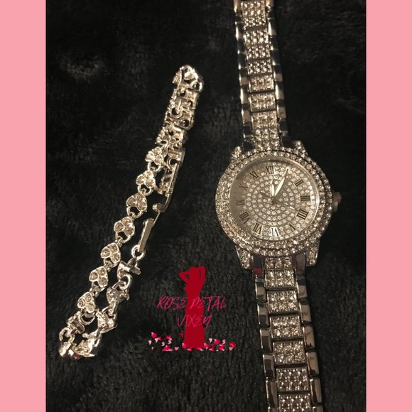 Silver Rhinestone Watch and Fashion Heart Bracelet set. - Picture 1 of 2
